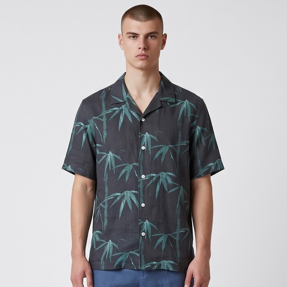 Theory Irving Bamboo Flower Linen Shirt Mens M Short Sleeve Camp Collar Black